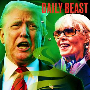 A photo illustration of a smelly Donald Trump surrounded by green gas and Jean. E Carroll.