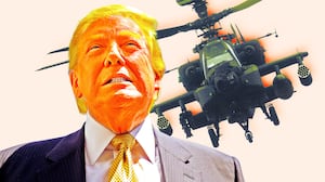 A photo illustration illo of Donald Trump and an Apache AH-64 helicopter.