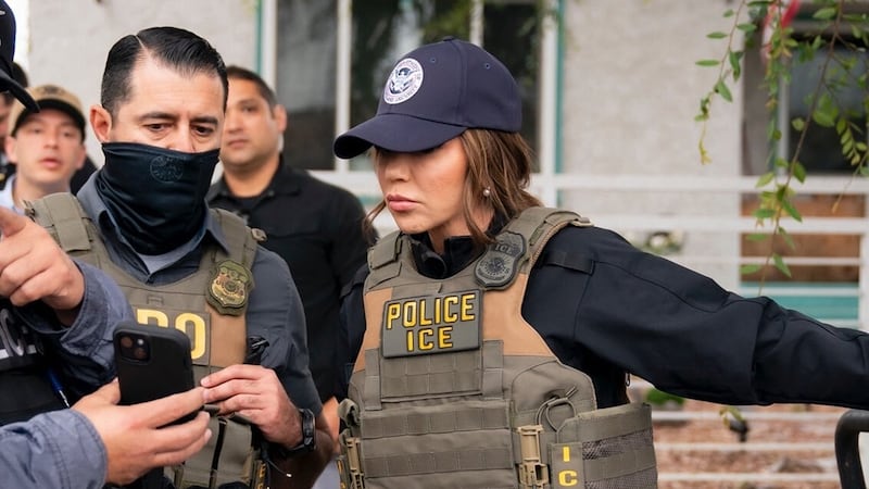 US Homeland Security Secretary Kristi Noem joins ICE operation as she accompanies numerous federal agents raid in Huntington Park, in Los Angeles, California on June 12, 2025.