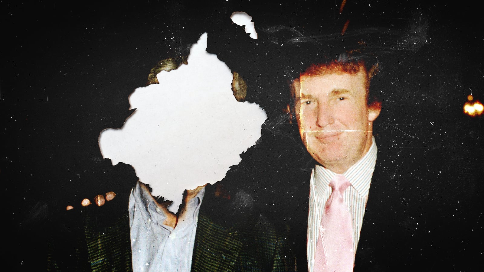 Donald Trump and Jeffrey Epstein with Epstein's face burned out of the image