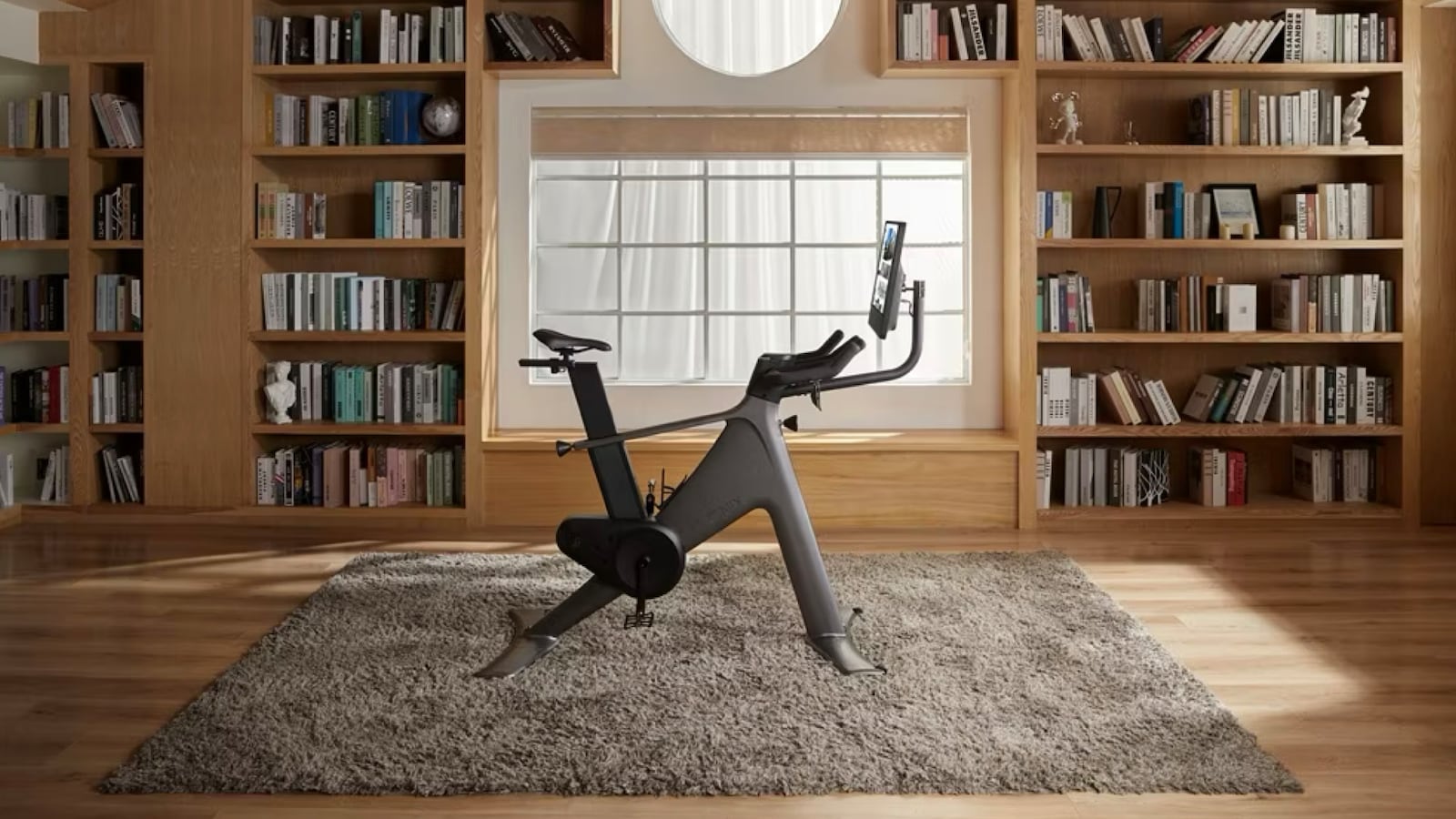 The VeloNix bike sits in a warm room with shelves of books, atop a plush gray carpet. The bike is sleek, without wheels or gears.