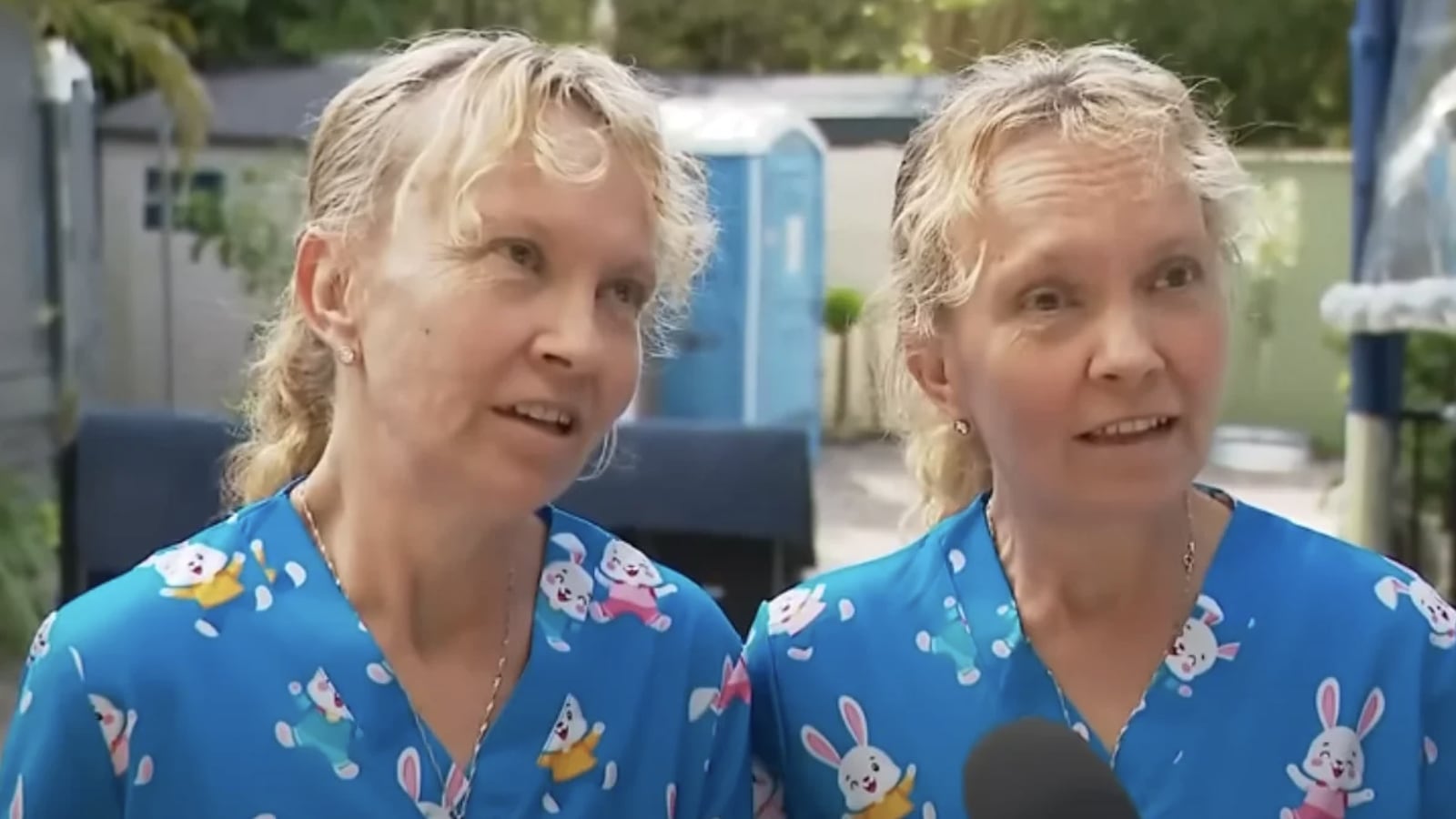 Australian twin sisters being interviewed, in sync.