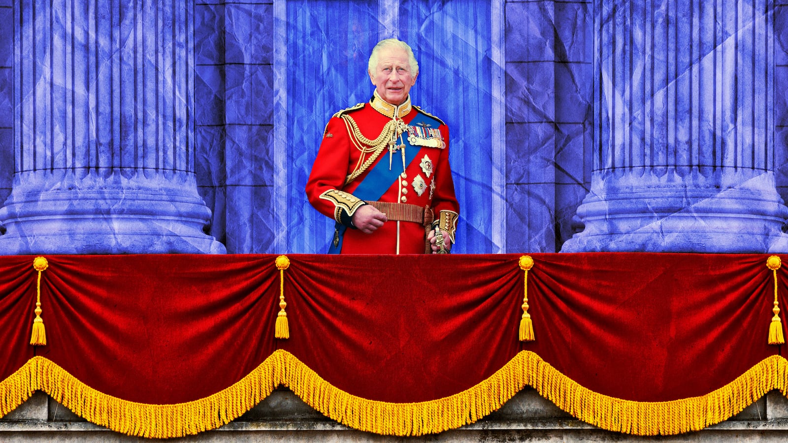 A photo illustration of King Charles on the Buckingham Palace balcony.