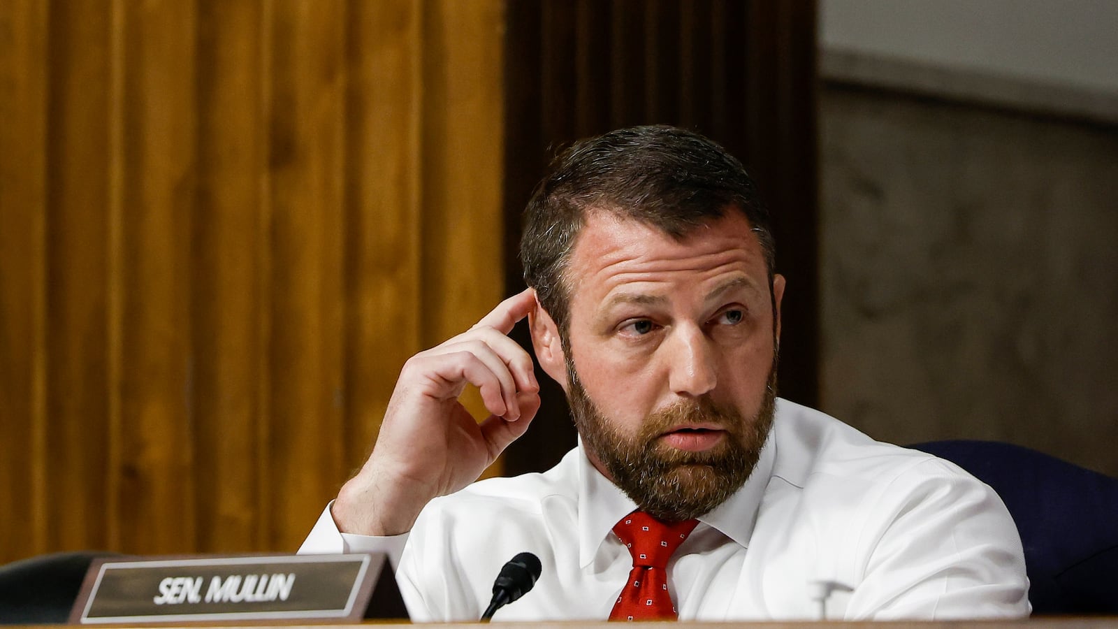 WASHINGTON, DC - MARCH 29: Sen. Markwayne Mullin (R-OK) speaks during a Senate Health, Education, Labor, and Pensions Committee hearing featuring former Starbucks CEO Howard Schultz in the Dirksen Senate Office Building on Capitol Hill on March 29, 2023 in Washington, DC.