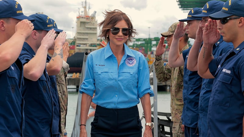 U.S. Homeland Security Secretary Kristi Noem boards the U.S. Coast Guard Cutter Escanaba.