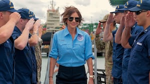U.S. Homeland Security Secretary Kristi Noem boards the U.S. Coast Guard Cutter Escanaba.