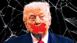 A photo illustration of Donald Trump in front of broken glass with red tape over his mouth.