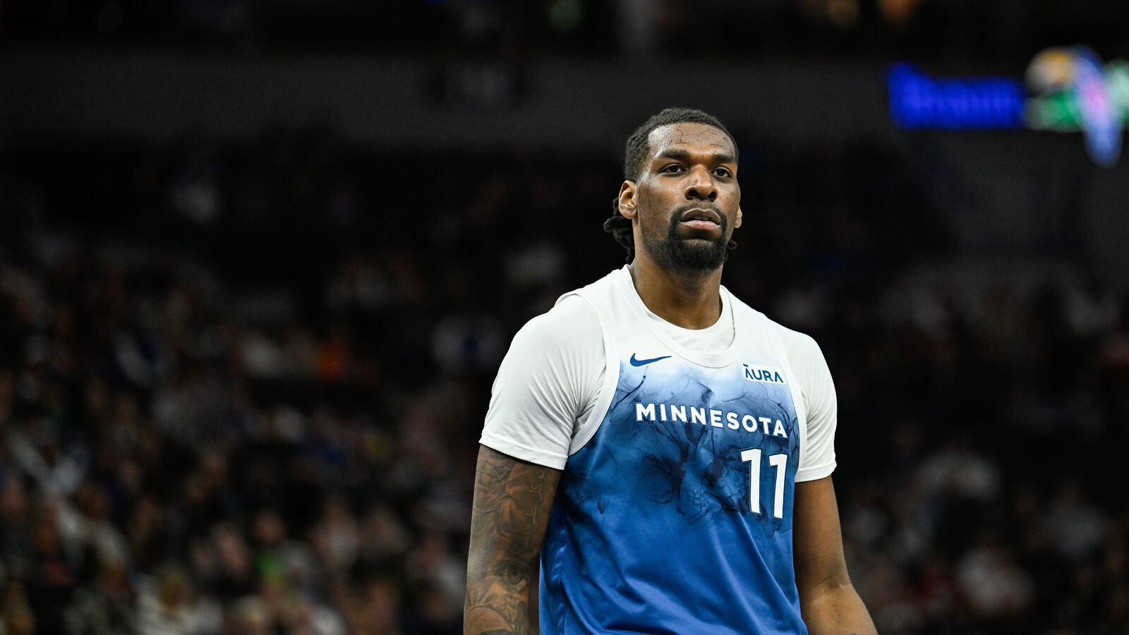 MINNEAPOLIS, MINNESOTA - APRIL 9: Naz Reid #11 of the Minnesota Timberwolves reacts after a play in the first quarter of the game against the Washington Wizards at Target Center on April 9, 2024 in Minneapolis, Minnesota. NOTE TO USER: User expressly acknowledges and agrees that, by downloading and or using this photograph, User is consenting to the terms and conditions of the Getty Images License Agreement. (Photo by Stephen Maturen/Getty Images)