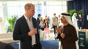 Prince William, Duke of Cambridge speaks with Sultan Ahmed bin Sulayem, Group Chairman and CEO of DP World during The Earthshot Prize Innovation Showcase at Expo2020, Dubai on February 10, 2022 in Dubai, United Arab Emirates.