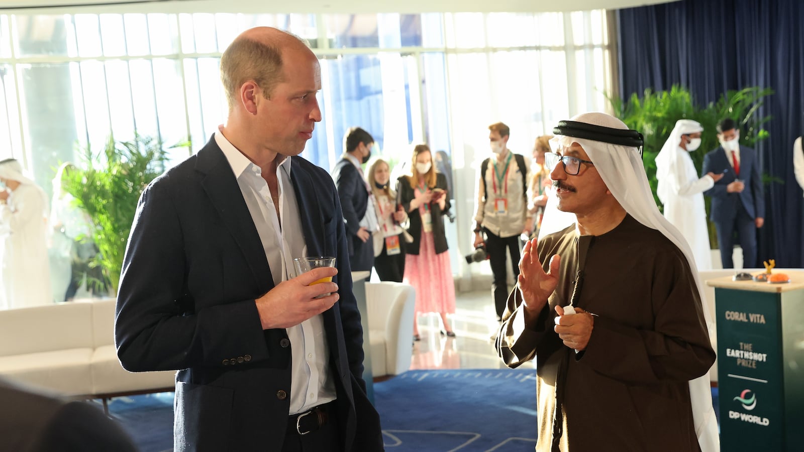 Prince William, Duke of Cambridge speaks with Sultan Ahmed bin Sulayem, Group Chairman and CEO of DP World during The Earthshot Prize Innovation Showcase at Expo2020, Dubai on February 10, 2022 in Dubai, United Arab Emirates.