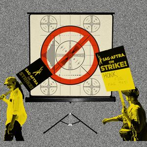 SAG-AFTRA protestors in front of a standing projector screen with a screen test and a red circle with a line through it/stop sign overlaid on top.