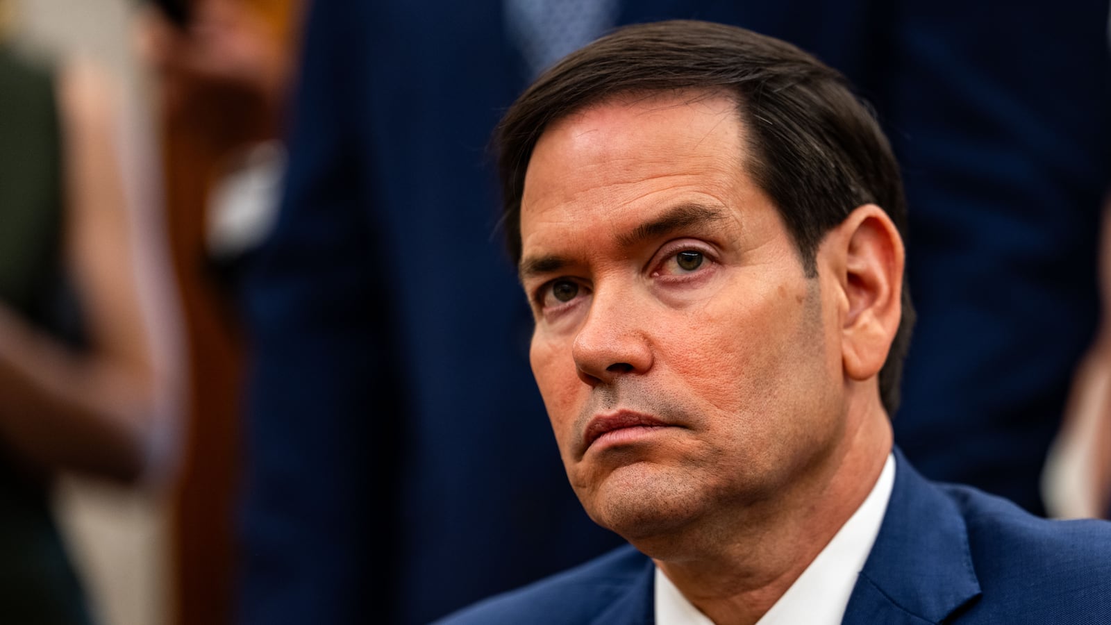 WASHINGTON, DC - JULY 14: U.S. Secretary of State Marco Rubio listens as U.S. President Donald Trump meets with Mark Rutte, NATO's secretary general, at the White House on July 14, 2025 in Washington, DC. The President told reporters over the weekend that he would be making a "major statement" today about Russia, as he expressed his growing frustration with President Vladimir Putin's refusal to end the war in Ukraine. (Kent Nishimura for The Washington Post via Getty Images)