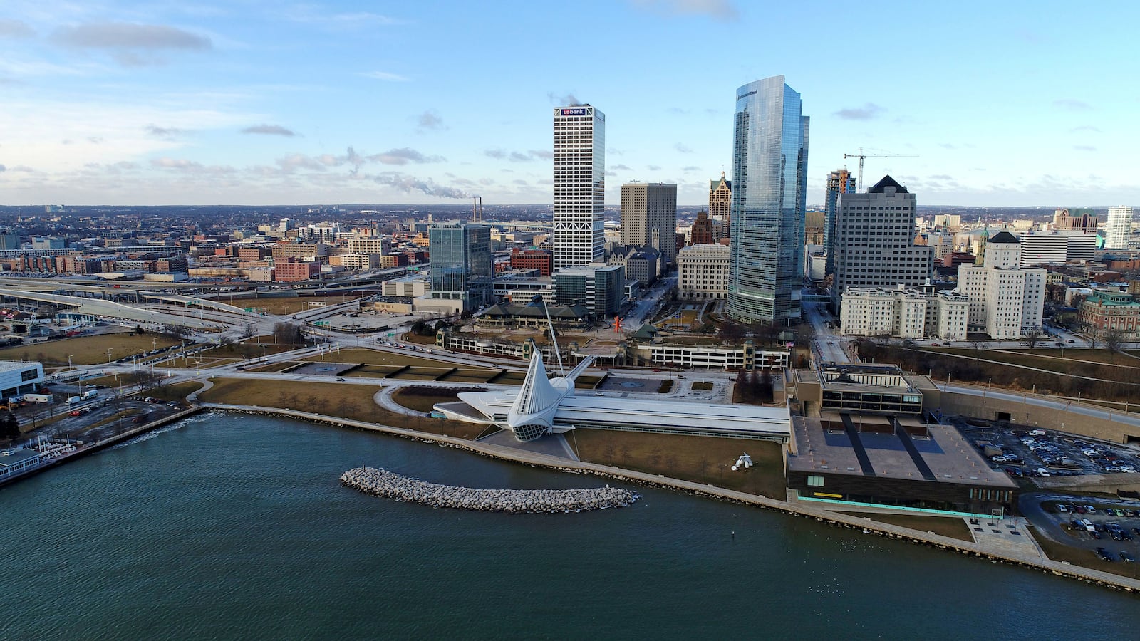The Milwaukee Art Museum and city skyline are seen in an undated aerial photograph taken over the waterfront in Milwaukee, Wisconsin.