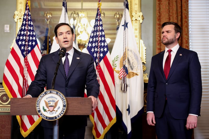 Marco Rubio speaks after he is sworn in as Secretary of State by U.S. Vice President JD Vance at the Eisenhower Executive Office Building in Washington, U.S., January 21, 2025.  REUTERS/Kevin Lamarque