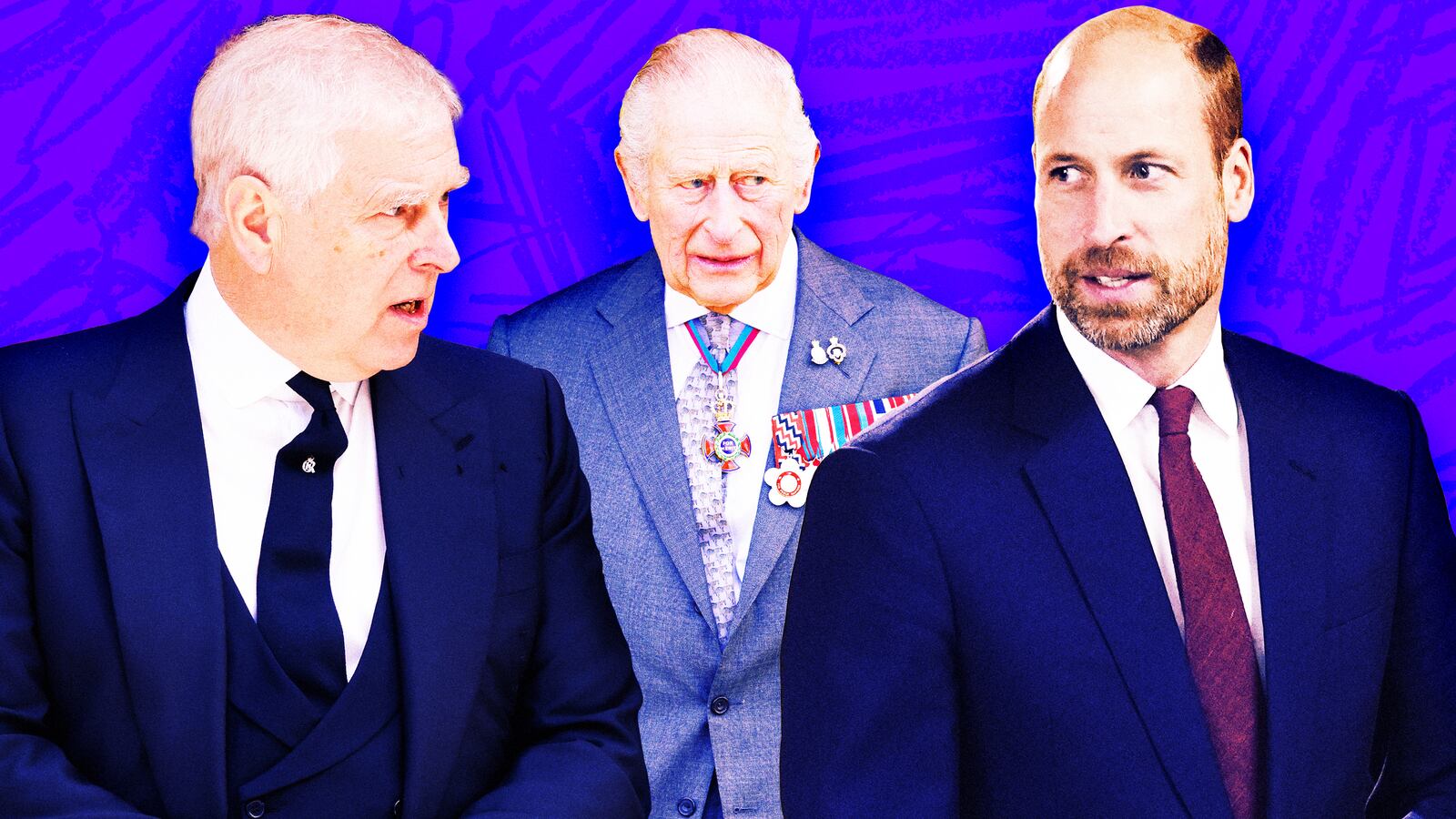 A photo illustration of Prince Andrew, King Charlies, and Prince William.