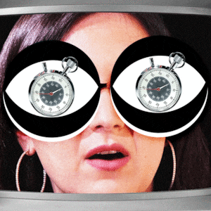 Illo Illustration gif of Bari Weiss with the CBS logo eyes looking back and forth in an old television