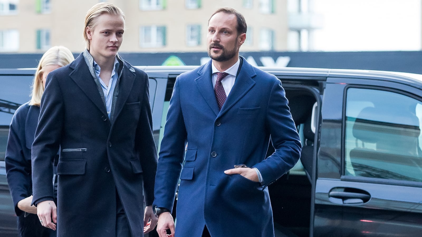 Princess Mette Marit's oldest son Marius Borg Hoiby of Norway and now King Haakon of Norway exit a car