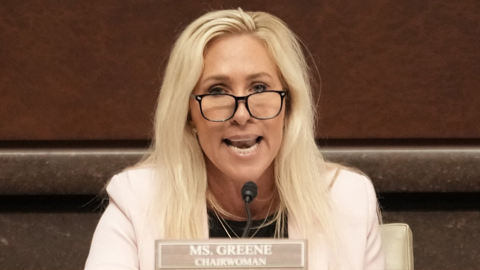 US Representative Marjorie Taylor Greene (R-GA) speaks during a hearing on trans people in women's sports on Capitol Hill in Washington, DC, on May 7, 2025.