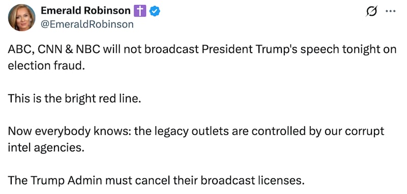Emerald Robinson X post about networks not airing Trump's speech