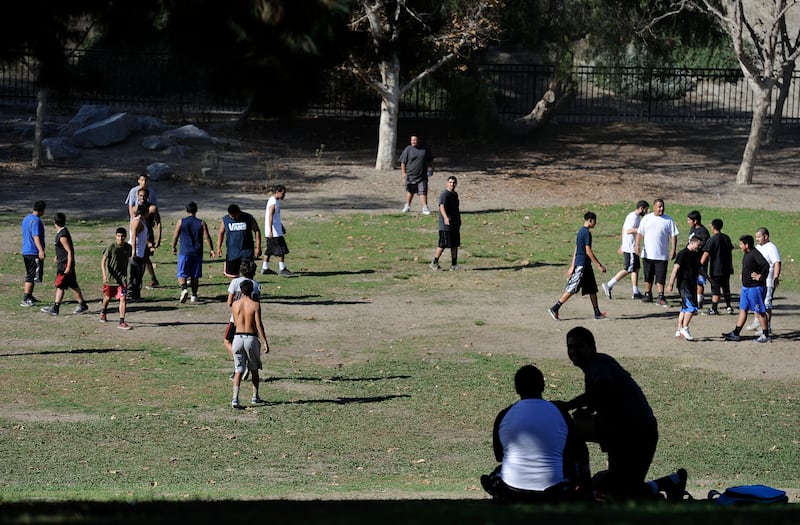 LONG BEACH, CA - NOVEMBER 28: Visitors to DeForest Park in Long Beach play football on Thanksgiving.







///ADDITIONAL INFORMATION: Slug: 09.lbr.deforestpark.1202.jag.jpg, Day: Thursday, November 28, 2013 (11/28/13), Time: 1:21:29 PM, Location:  Long Beach, California - DeForest Park - JEFF GRITCHEN, LONG BEACH REGISTER 

(Photo by Jeff Gritchen/Digital First Media/Orange County Register via Getty Images)