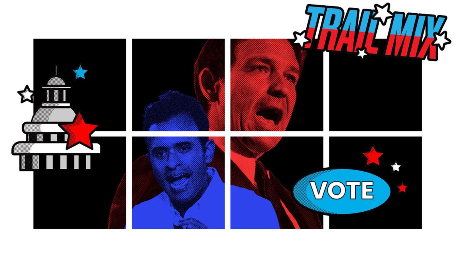 A photo illustration of Vivek Ramaswamy and Ron DeSantis