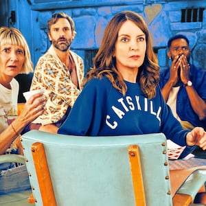 A photo illo illustration of Kerri Kenney-Silver as Anne, Marco Calvani as Claude, Tina Fey as Kate, Colman Domingo as Danny, and Will Forte as Jack in Episode 202 of The Four Seasons, Season 2.