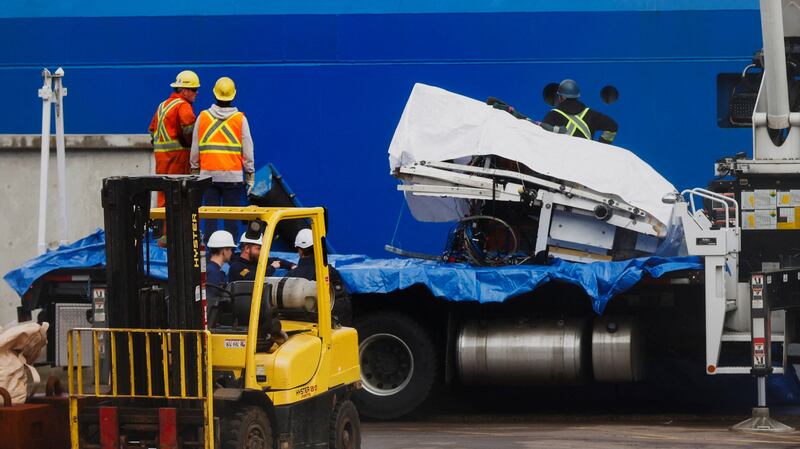 A view of the Horizon Arctic ship, as salvaged pieces of the Titan submersible from OceanGate Expeditions are returned, in St. John's harbour, Newfoundland, Canada June 28, 2023. REUTERS/David Hiscock