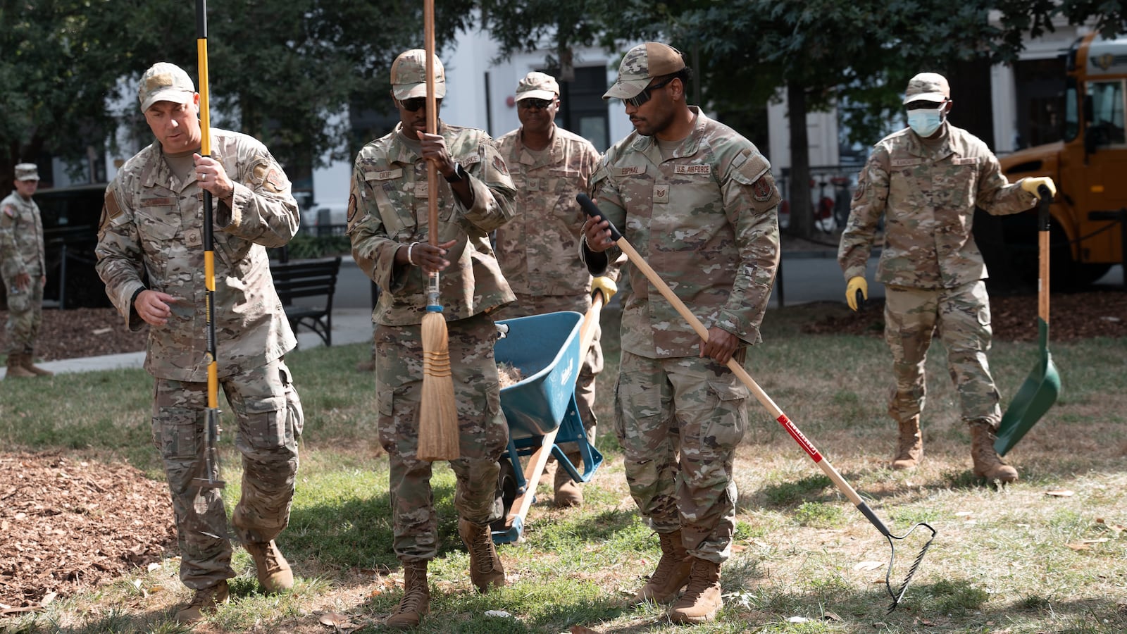 WASHINGTON, DC - AUGUST 28: Air National Guard airmen work clearing leaves and debris from McPherson Square Park on August 28, 2025 in Washington, DC. The Trump administration has deployed federal officers and the National Guard to the District in order to place the DC Metropolitan Police Department under federal control and assist in crime prevention in the nation's capital. (Photo by Andrew Leyden/Getty Images)