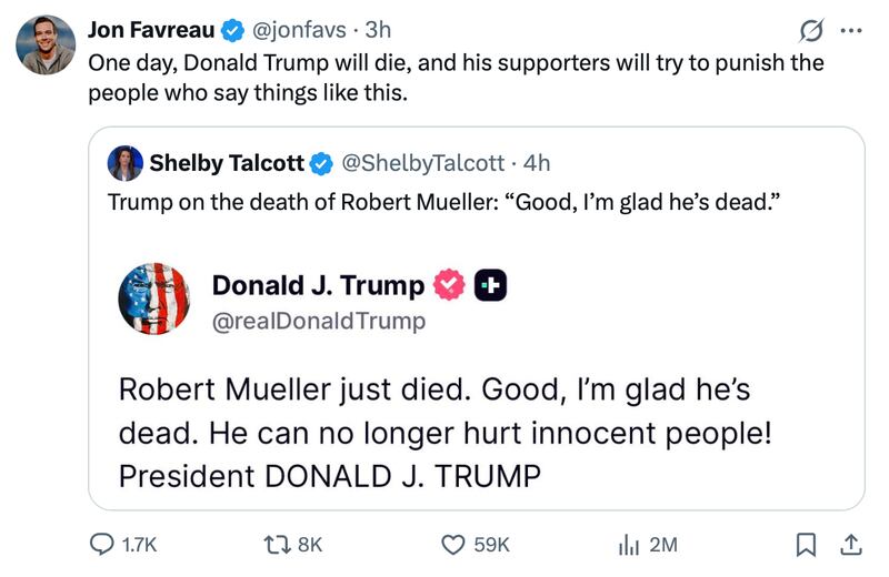 Jon Favreau X post reads: "One day, Donald Trump will die, and his supporters will try to punish the people who say things like this."