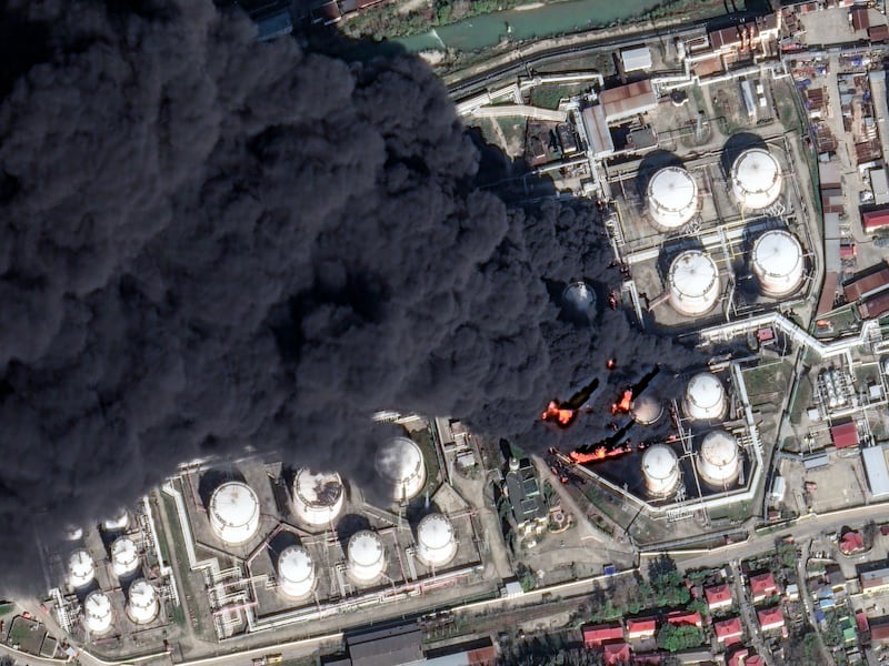 TUAPSE OIL REFINERY, BLACK SEA COAST -- APRIL 16, 2026: 07 -- Vantor satellite image shows several oil storage tanks on fire with thick black smoke drifting south over the Black Sea at the Tuapse oil refinery. Please use: Satellite image (c) 2026 Vantor.