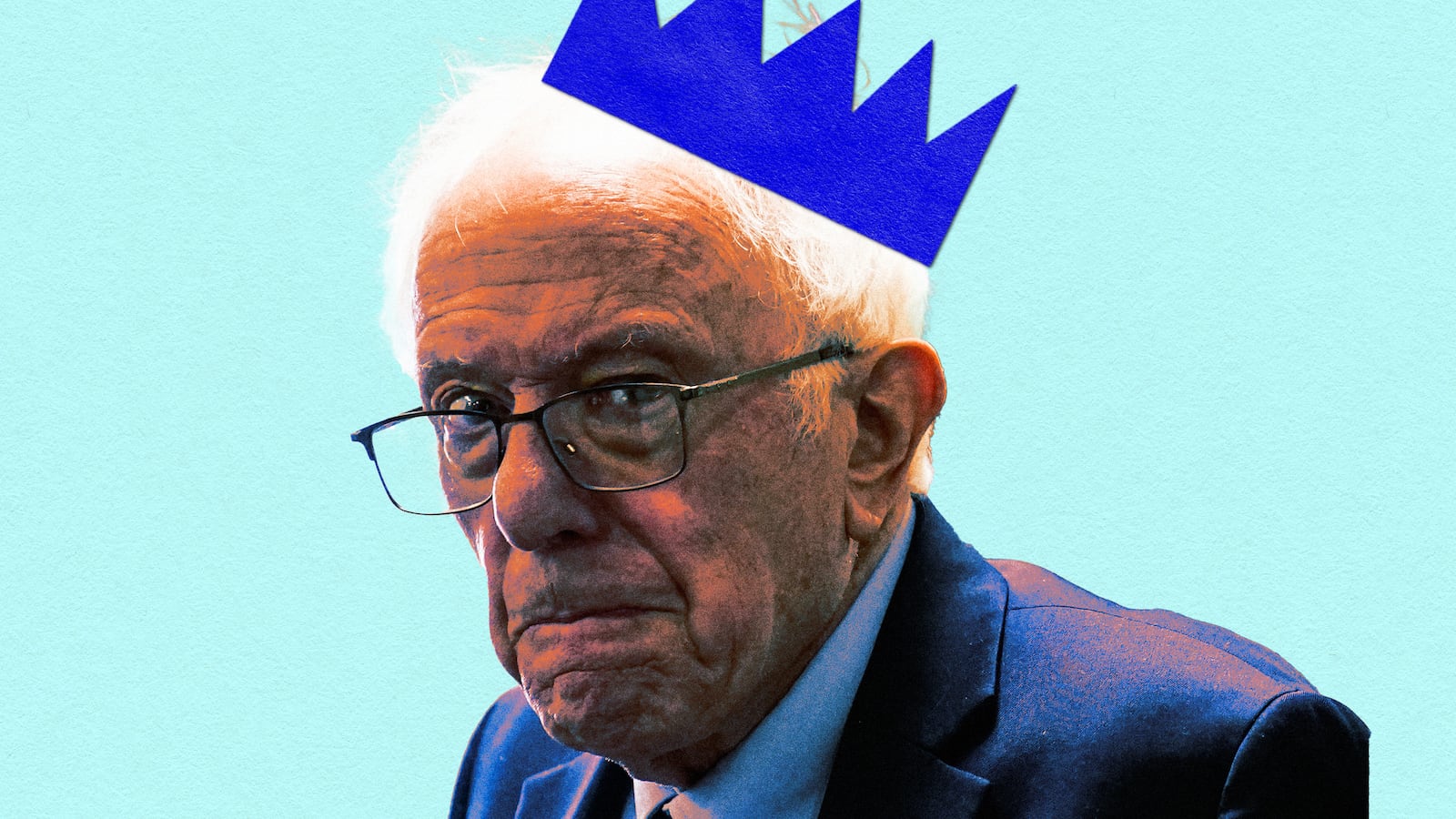 A photo illo illustration of Bernie Sanders wearing a blue crown.