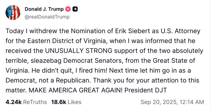 Trump's 12:14 Truth Social post on Erik Siebert.
