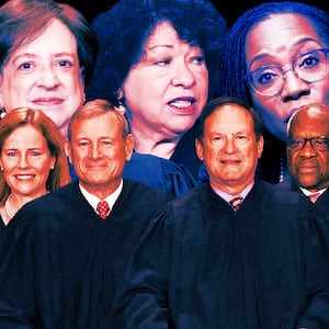 A photo illo illustration of liberal and conservative Supreme Court justices.
