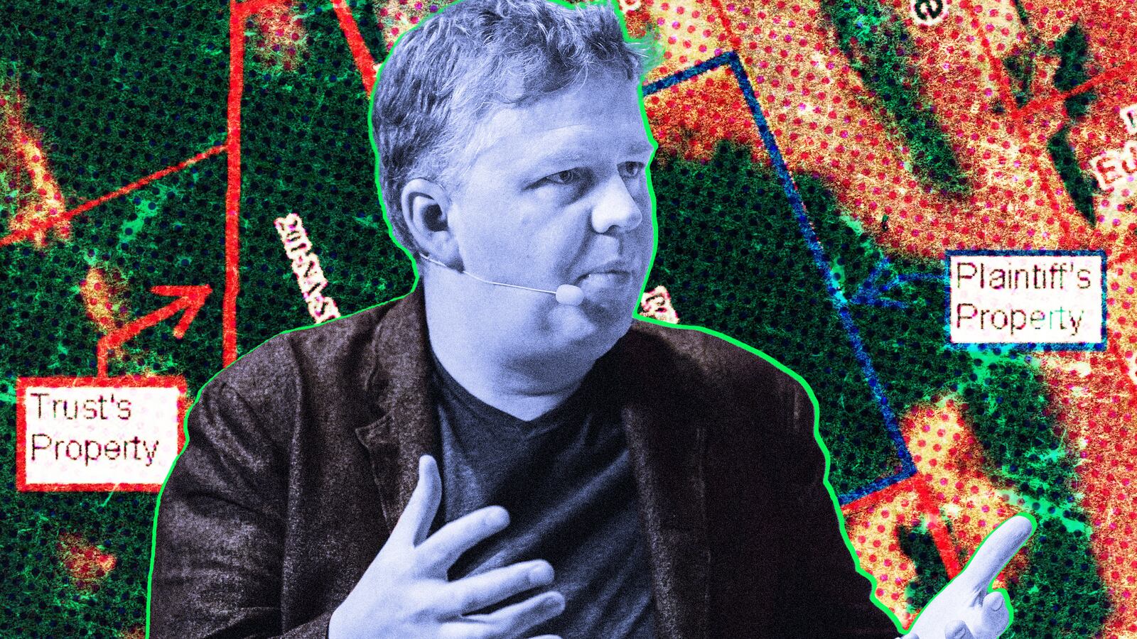 A photo illustration of Matthew Prince, chief executive officer of Cloudflare, and a map of his property Utah.