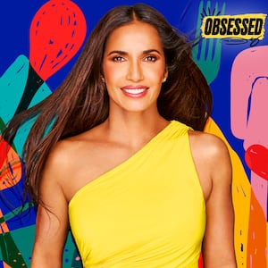 A photo illo illustration of Padma Lakshmi on America's Culinary Cup for the Obsessed podcast.