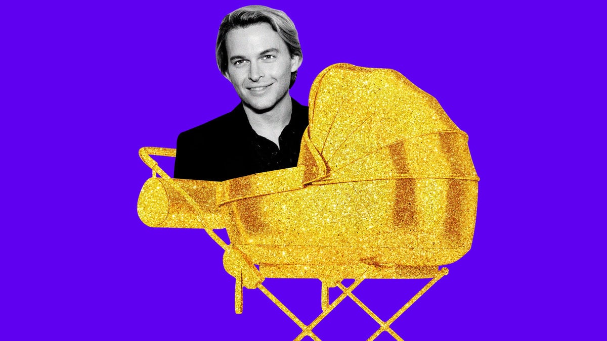 An illustration including a photo of Ronan Farrow and a golden stroller