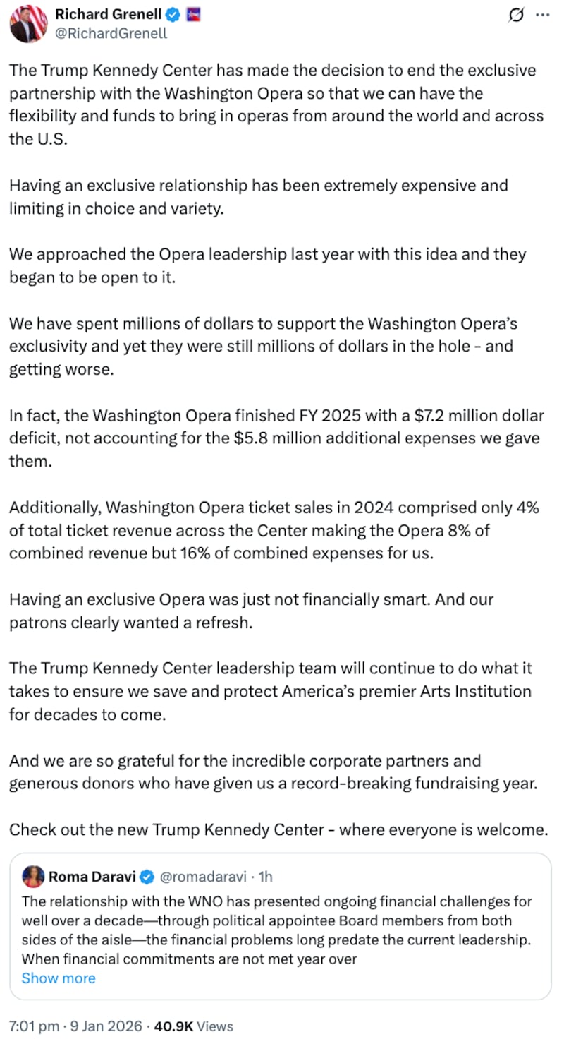Richard Grenell X post about the Washington National Opera leaving the Kennedy Center