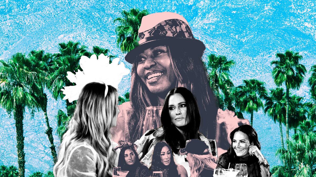 A collage of members of The Real Housewives of Salt Lake City overlaying a background of Palm Springs