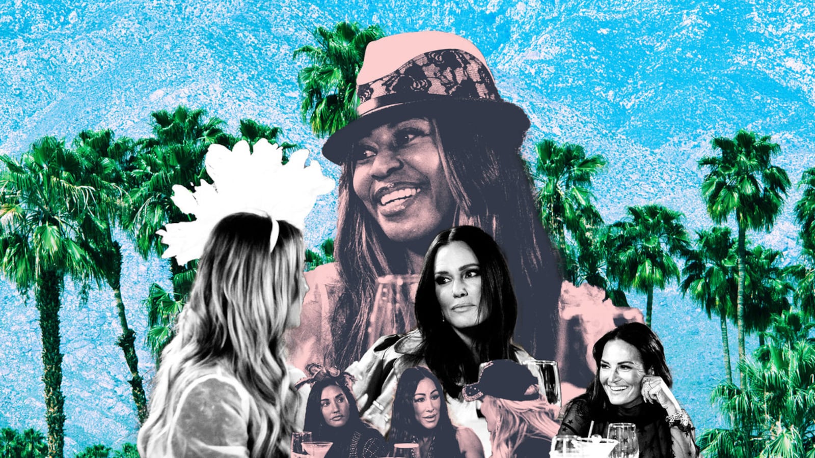 A collage of members of The Real Housewives of Salt Lake City overlaying a background of Palm Springs