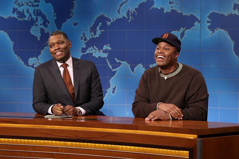 SATURDAY NIGHT LIVE -- Episode 1879 -- Pictured: (l-r) Anchor Michael Che and Devon Walker during Weekend Update on Saturday, March 29, 2025 -- (Photo by: Will Heath/NBC via Getty Images)