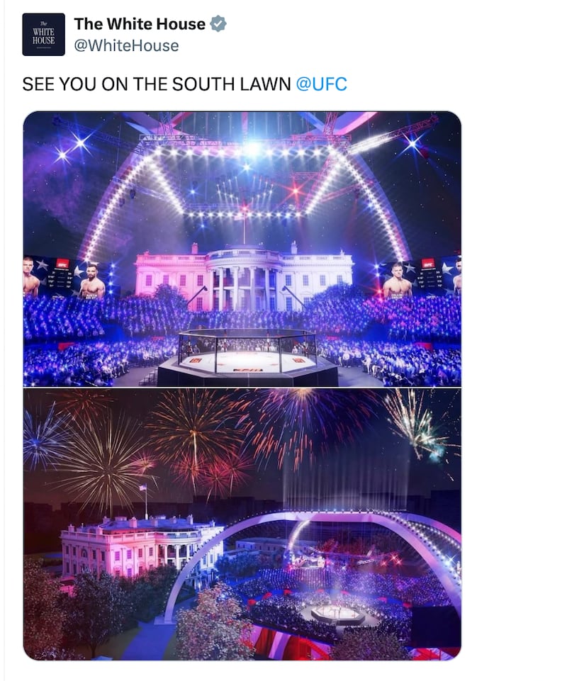 The official White House X account publishes a rendering of the UFC fight scheduled for June 14, 2026.