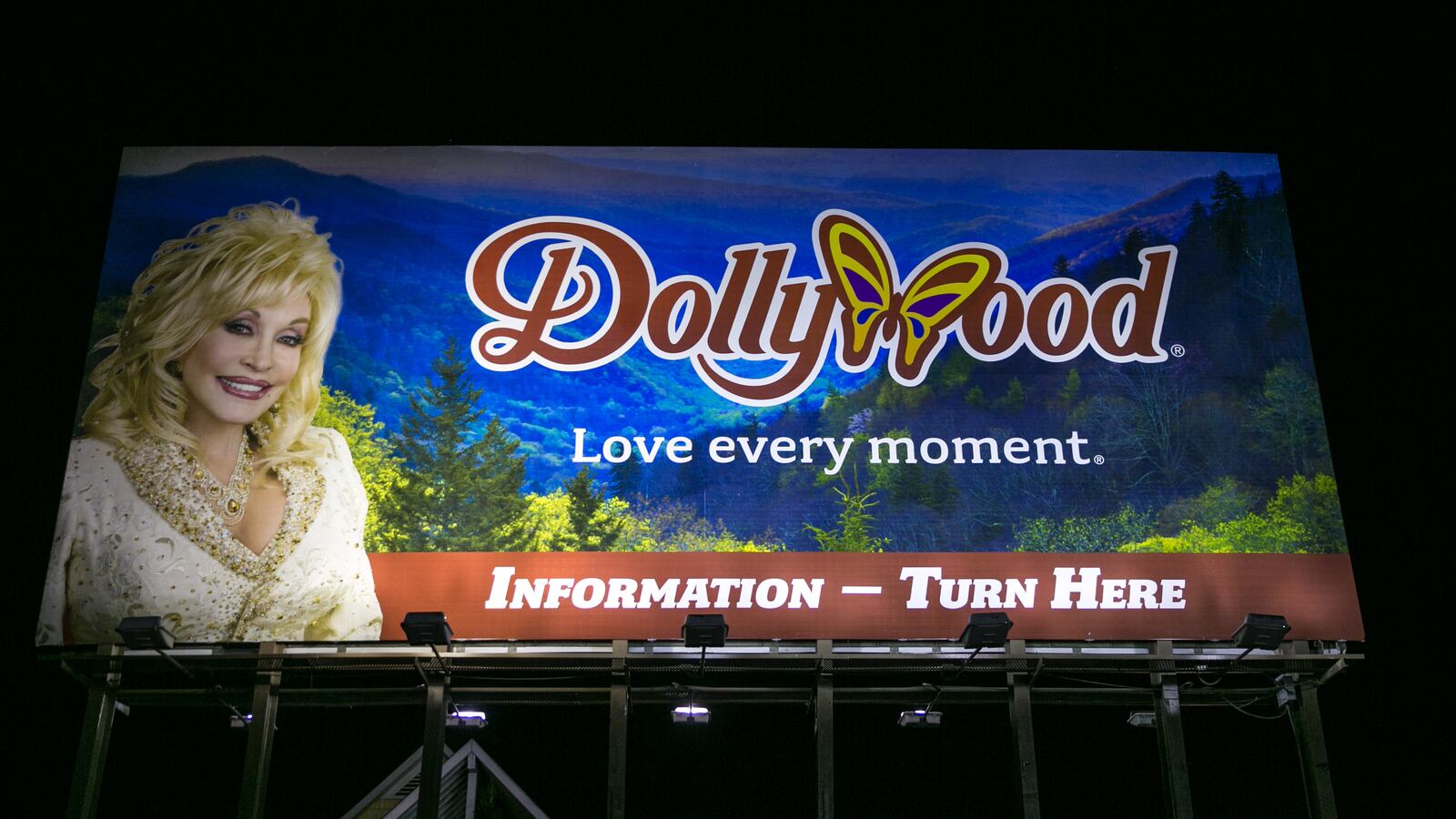 A billboard outside Dollywood in Pigeon Forge, Tennessee.