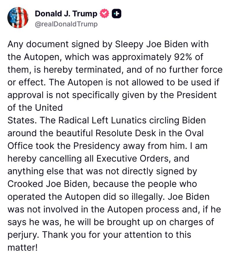 Donald Trump posted his warning to Joe Biden on Truth Social.