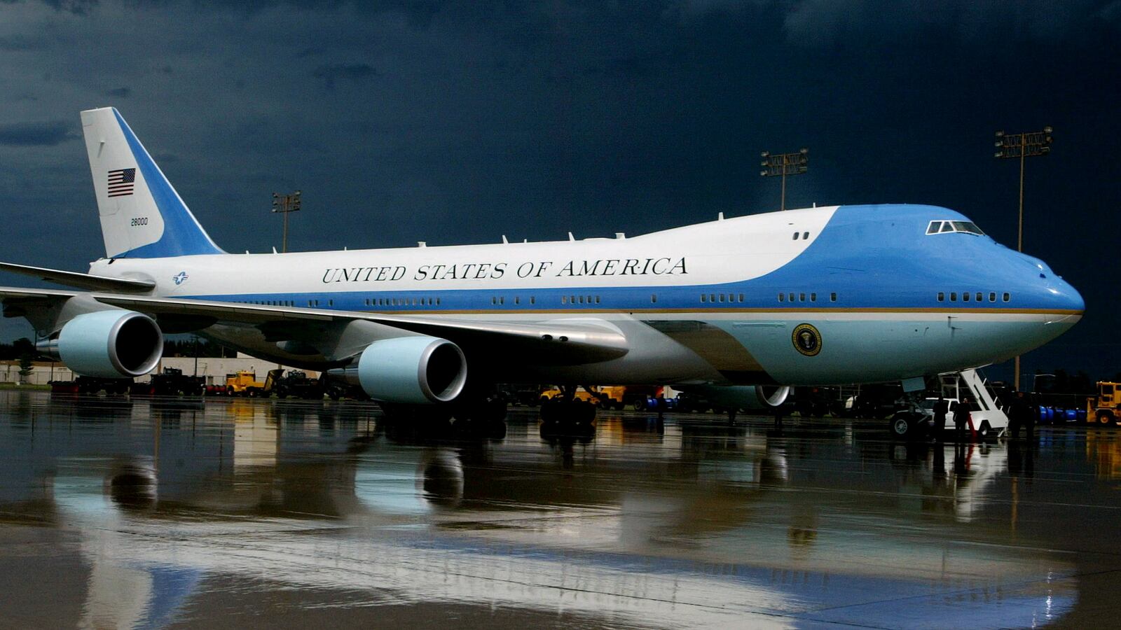Air force one plane sits on tarmac