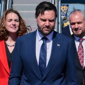 Hungarian Foreign Minister Peter Szijjarto welcomes U.S. Vice President JD Vance and second lady Usha Vance as they arrive at Budapest Ferenc Liszt International Airport in Budapest, Hungary, April 7, 2026.