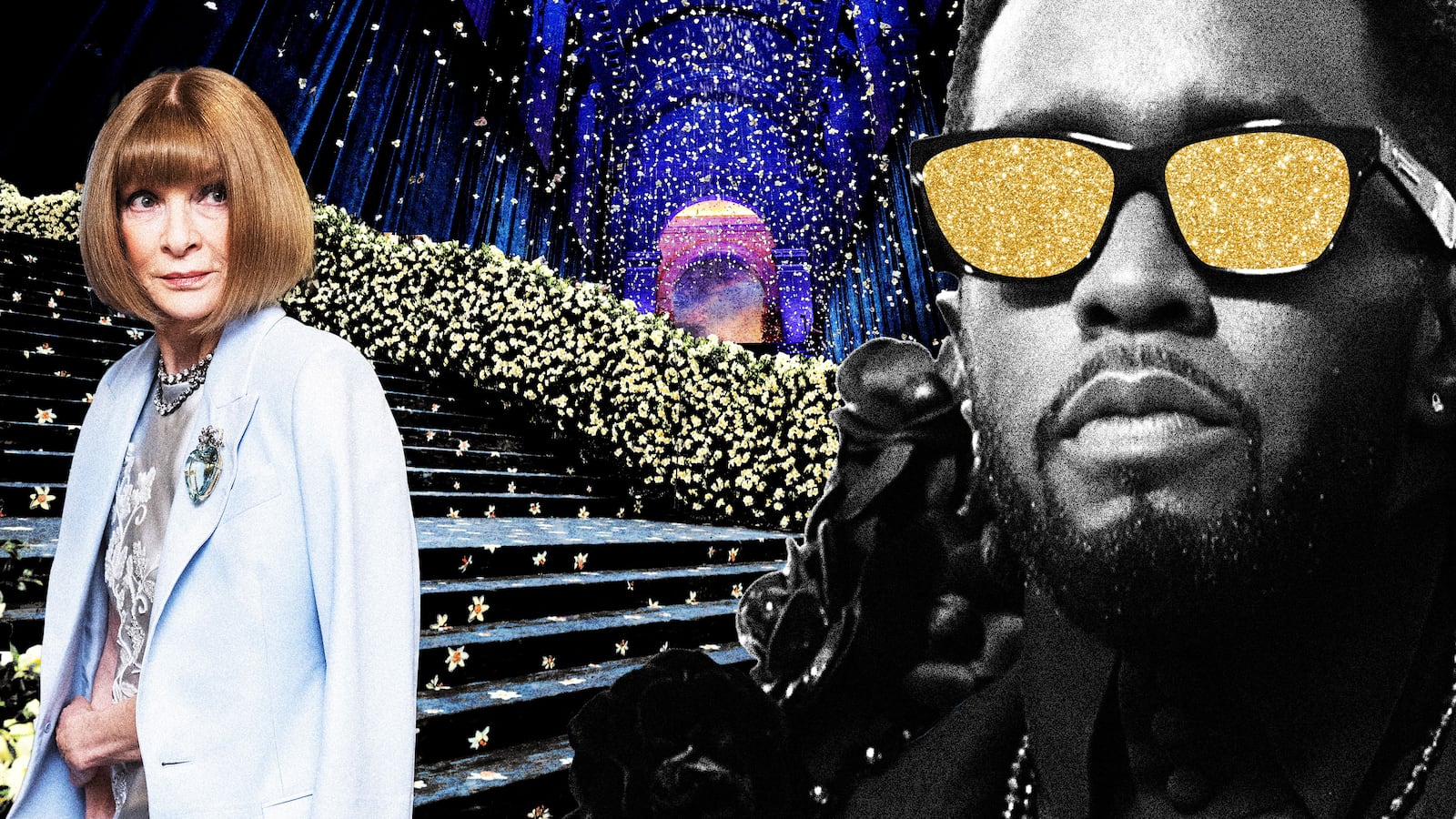 Anna Wintour and Sean Diddy Combs in a photo collage in front of the 2025 Met Gala