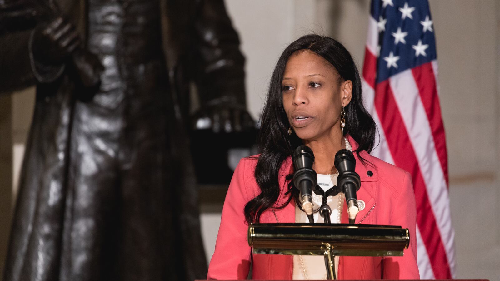 Rep. Mia Love speaks at the Commemoration of the Bicentennial of the Birth of Frederick Douglass, in Emancipation Hall of the U.S. Capitol, on Wednesday, Feb. 14, 2018.