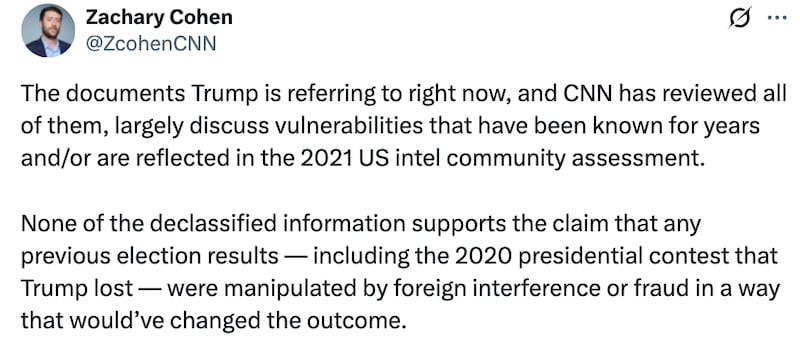 Zachary Cohen's X post about Trump's declassified election documents