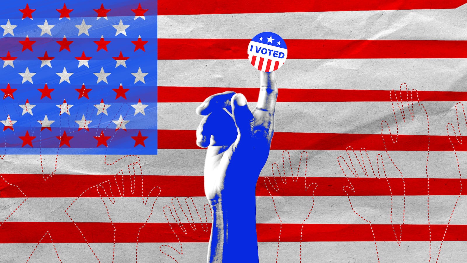 A black hand holding up an "I Voted" sticker
