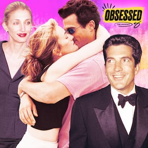 A photo illustration of Carolyn Bessette Kennedy and John F. Kennedy Jr. for the Obsessed podcast.
